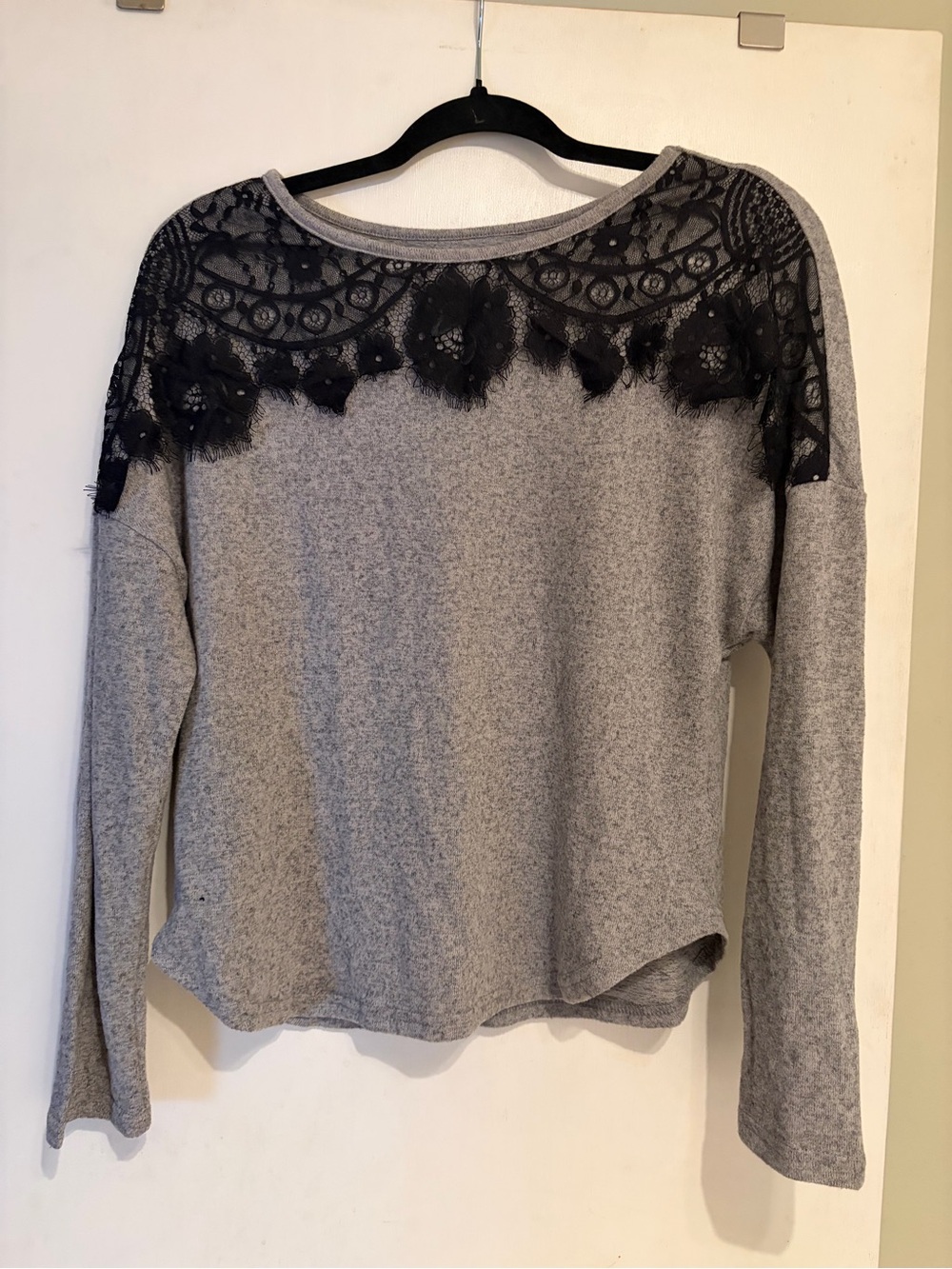 Gray Long-Sleeve Top with Black Lace Yoke